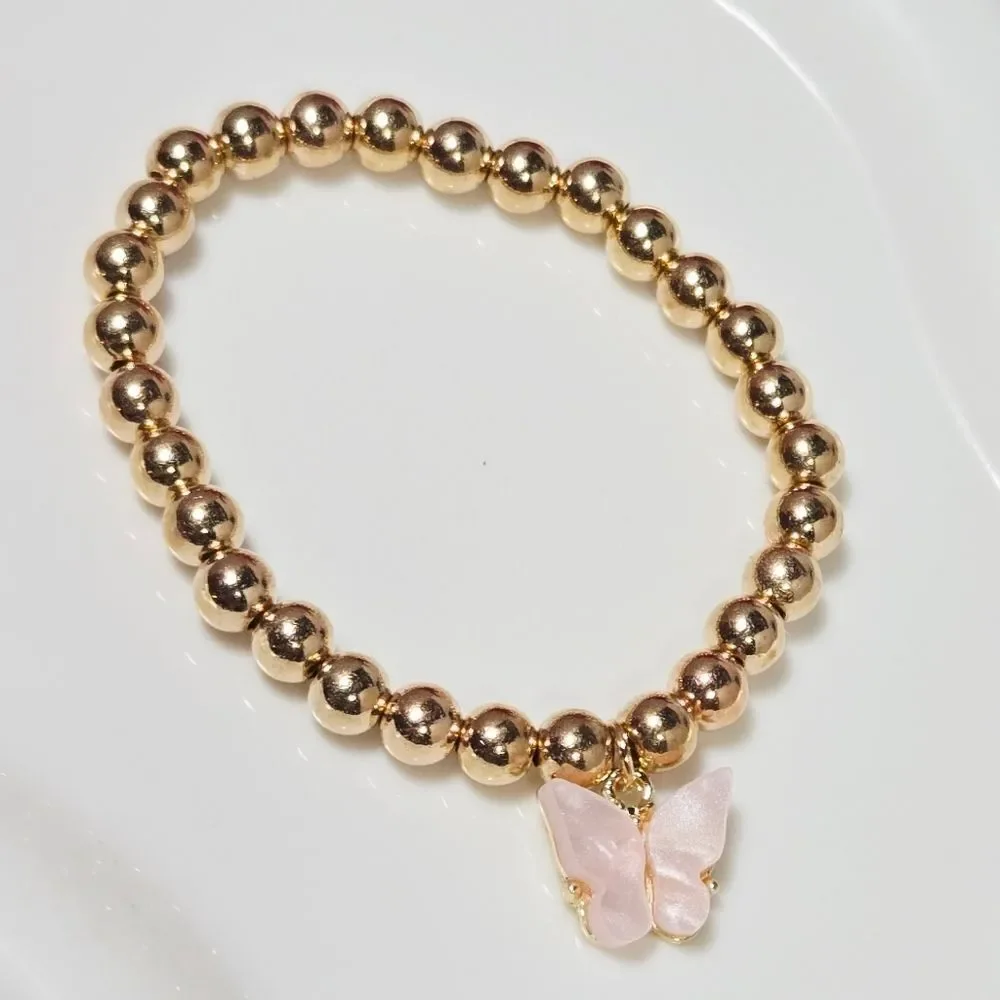 Pink Pearl Butterfly Charm Gold Beaded Bracelet Girls Tween Petite Spring Fairy